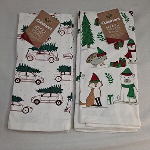 Cuisinart Kitchen Towels 16"x26" Lot Of 2  2-Packs Christmas Wildlife Tree Car